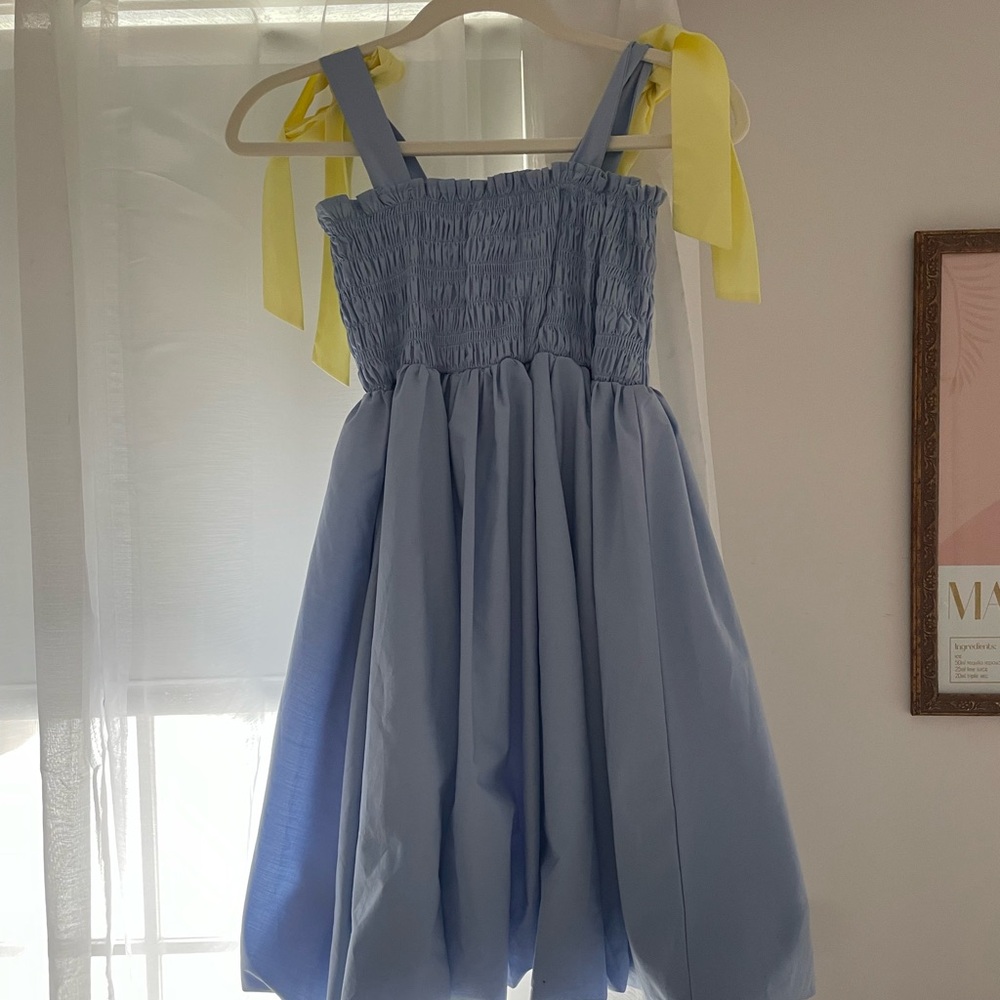 Pretty Little Sisters Blue Smocked Dress w/ Yellow Bow Straps – (size small)